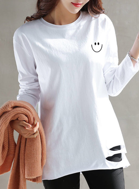 2025年春季早秋装新款长袖t恤女白色中长款宽松打底衫上衣ins百搭