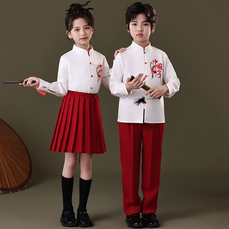 六一儿童合唱团演出服中国风礼服中小学生诗歌朗诵红色主题表演服