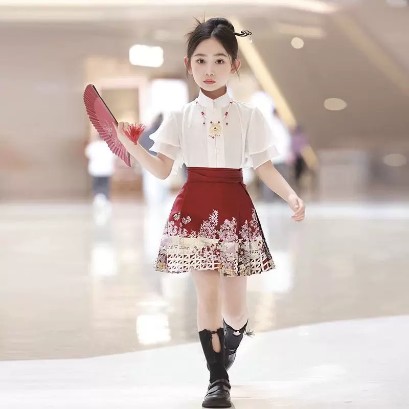 女童中国风短款马面裙2024夏季新款女孩汉服中大童短袖半身裙套装-封面