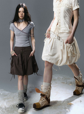 CestNous海巫诗语朋克浪漫米色灰色中高腰绑带铆钉工装花苞半身裙