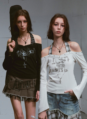 CestNous迷失末路 铆钉朋克印花一字领身挂脖长袖上衣女春夏小衫