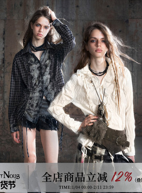 CestNous 流浪风褶皱做旧抽绳黑灰格纹衬衫女拼接荷叶边雪纺衬衣