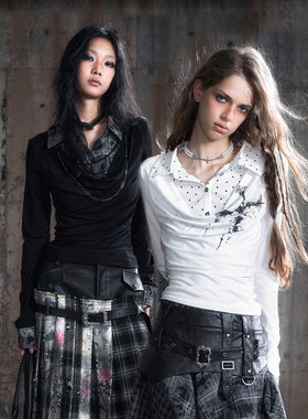 CestNous格纹扎染黑色荡领长袖衬衣女秋季百搭十字架白色印花小衫