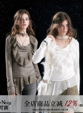 CestNous 甜丧荷叶边荡领天丝小衫女秋冬铆钉不规则拼接雪纺上衣