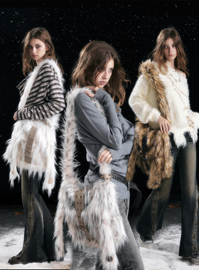 CestNous朋克兔耳扣子皮带斜挎毛毛包时尚高级感单肩毛绒女挎包