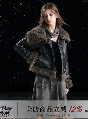 CestNous朋克不对称毛领皮毛一体外套女秋冬百搭显瘦铆钉短款皮衣