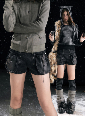 CestNous洗水黑绑带工装大花苞抽绳口袋复古做旧微弹牛仔短裤女秋