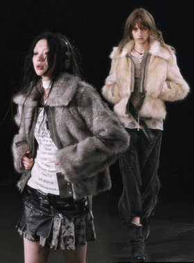 CestNous烟雨出逃 毛尖晕染拼皮环保皮草翻领毛毛外套女下摆可拆