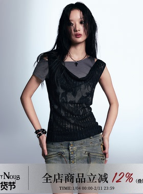 Cest Nous柳智敏同款 朋克涂鸦印花T恤女不对称假两件背心短袖