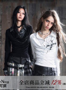 CestNous格纹扎染黑色荡领长袖衬衣女秋季百搭十字架白色印花小衫