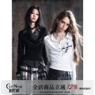 百搭十字架白色印花小衫 CestNous格纹扎染黑色荡领长袖 衬衣女秋季