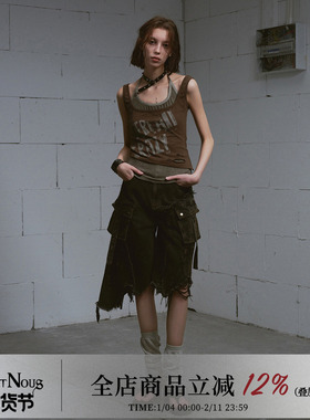 CestNous迷失末路 破洞拼接口袋grunge风泥染毛边宽松牛仔七分裤