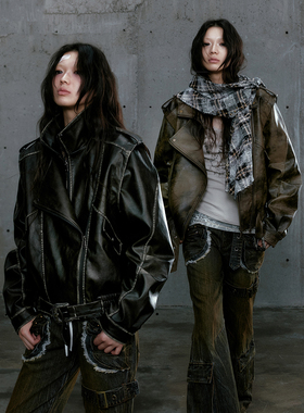 CestNous浪游世纪 复古分割双拉链皮夹克女做旧晕染擦色机车外套