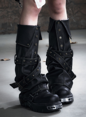 CestNous 异形铆钉皮绑带擦色排扣皮腿套女秋冬翻折搭配皮筒靴套