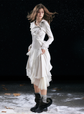 CestNous不规则层叠晕染印花荷叶边连衣裙女修身显瘦米灰色拼接裙