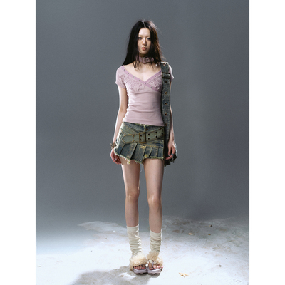 CestNous拼接牛仔百褶裙裤