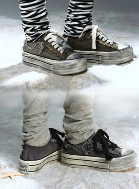 CestNous海巫诗语 双色十字架贴布做旧毛边脏脏系带低帮帆布鞋女