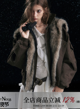 CestNous复古做旧飞行棉服夹克女加厚宽松保暖可拆卸毛领短款外套