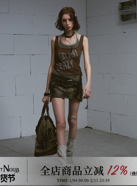 CestNous迷失末路  复古十字架拼接破洞牛仔半身A字裙女修身短裙