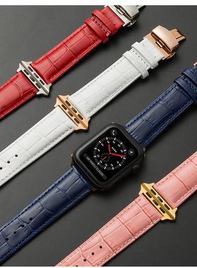 苹果手表iwatch8头层真皮表带皮质s7牛皮ultra蝴蝶扣65432性4449m
