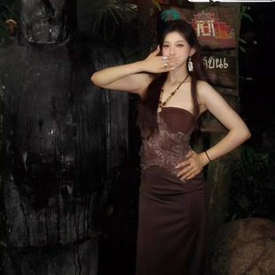 泰国旅游度假中古穿搭辣妹网纱拼接串珠挂脖背心半身长裙两件套装