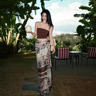 泰国东南亚旅游度假穿搭套装女夏季短款抹胸背心水墨印花半身长裙