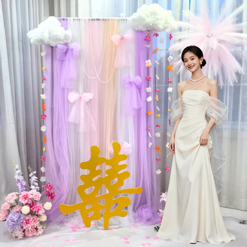 淡紫色系多巴胺纱幔支架创意婚房布置晨袍拍照背景区户外婚礼派对