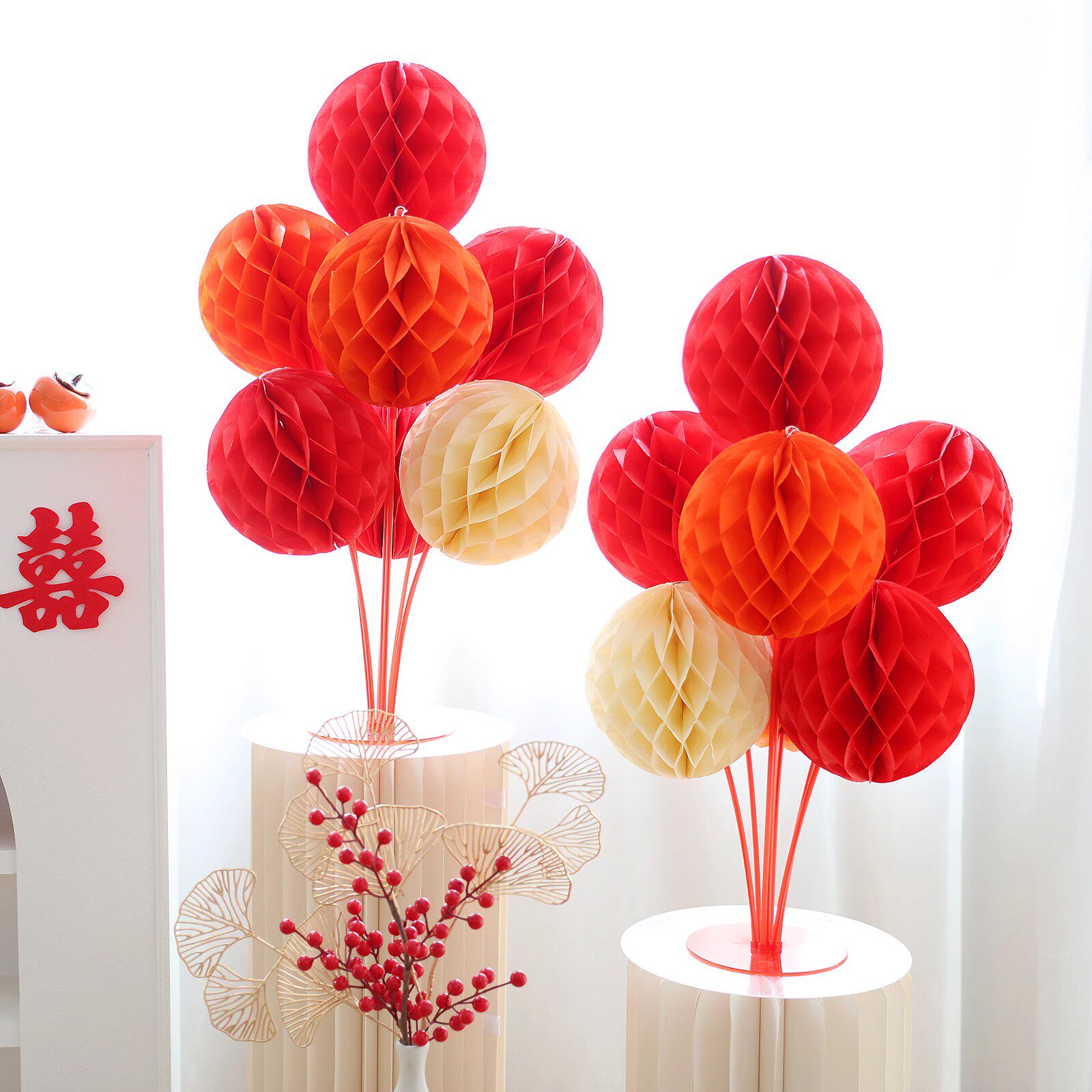 浪漫婚礼蜂窝球立柱婚房布置婚礼结婚场景装饰纸灯笼新婚房拉花