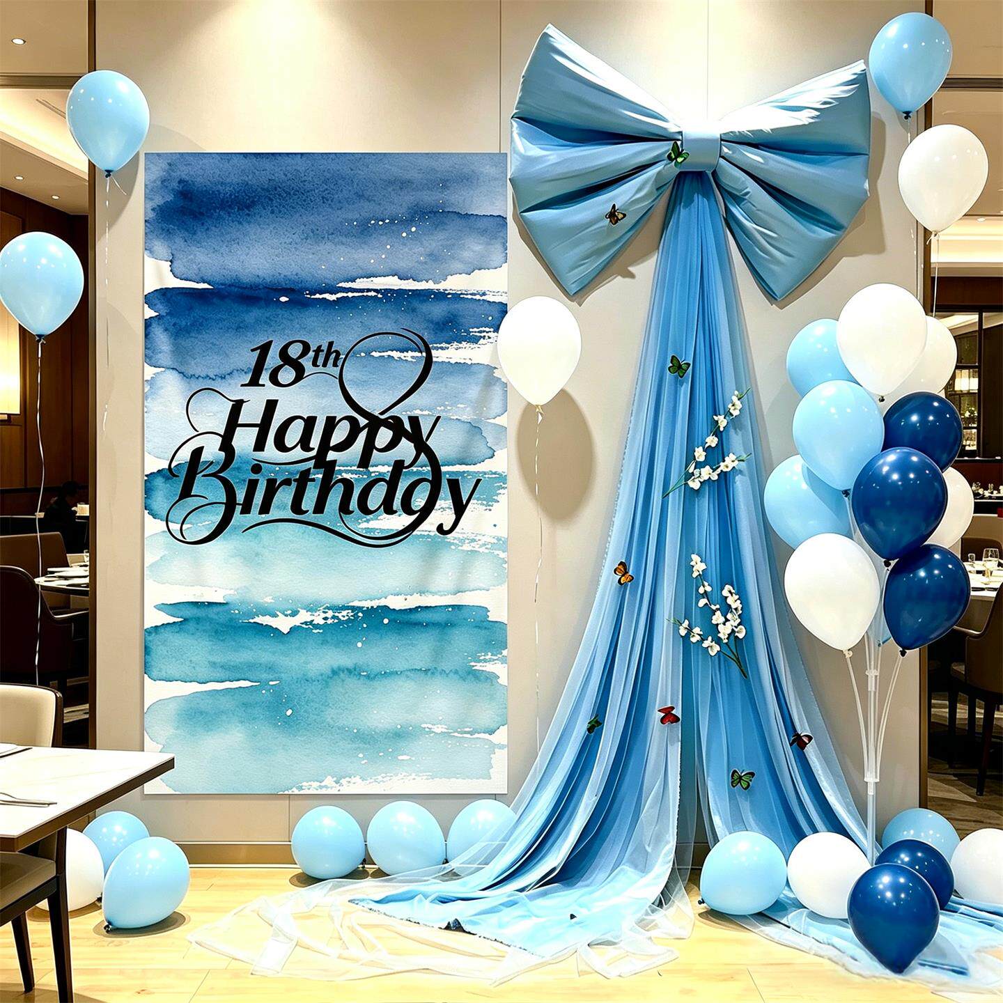 18岁生日派对酒店写真布布置套装蓝色蝴蝶结背景墙装饰气球氛围感