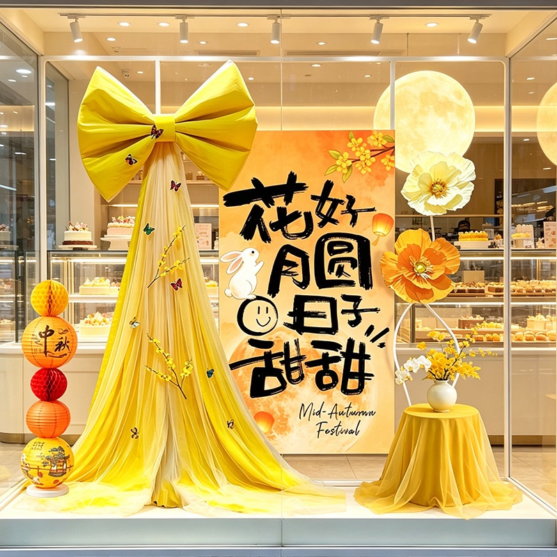 中秋节商场店铺活动装饰背景墙条幅珠宝店橱窗打卡区拍照挂布蝴蝶
