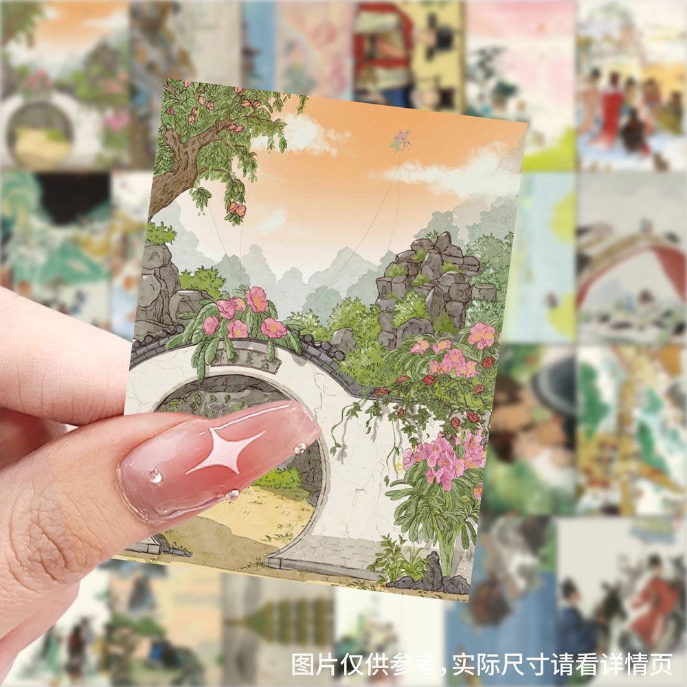 63张江南百景图贴纸ins风景古风国潮女孩儿童装饰行李箱防水贴画图片