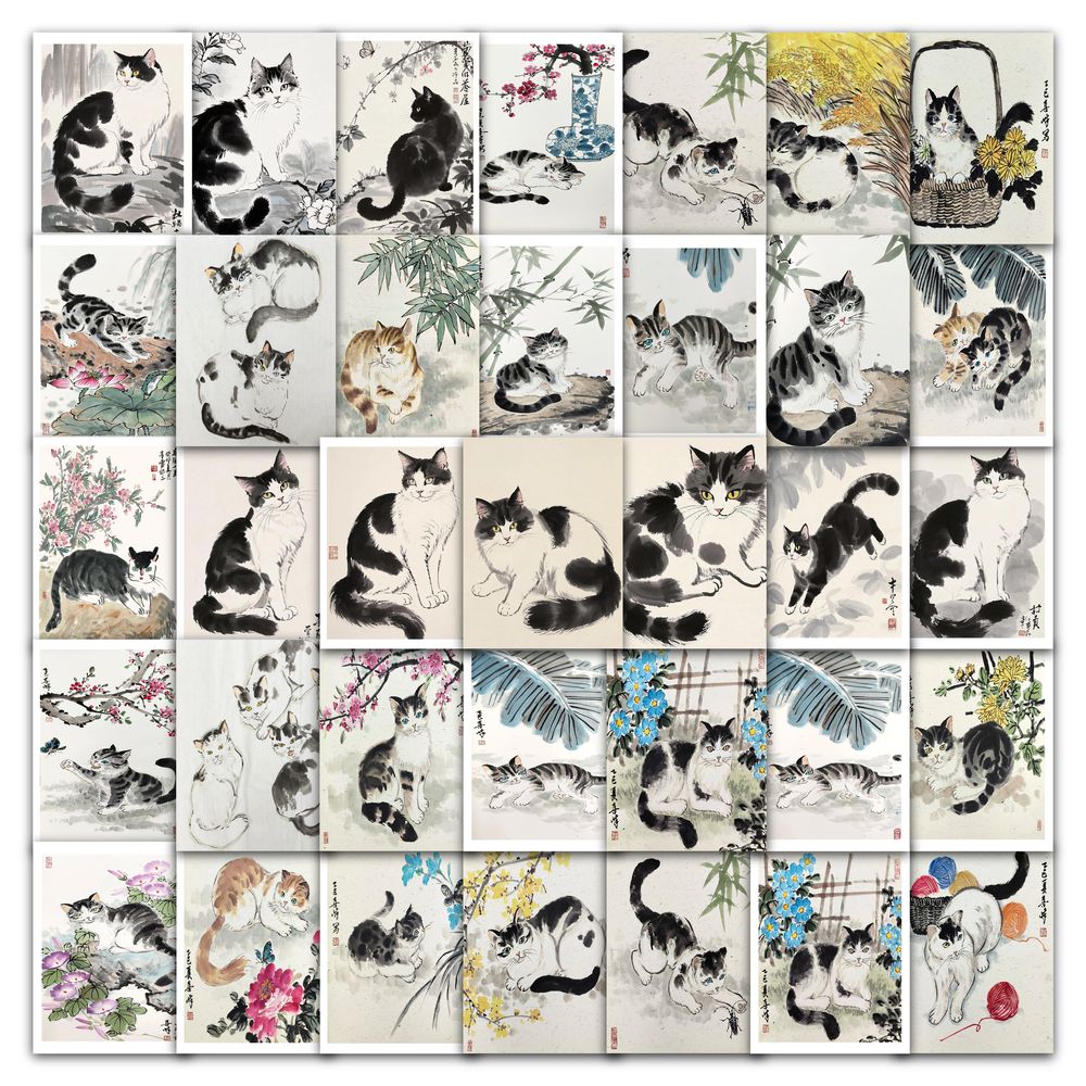 126张小猫贴纸国风山水水墨画猫咪个性创意装饰手机壳水杯防水贴