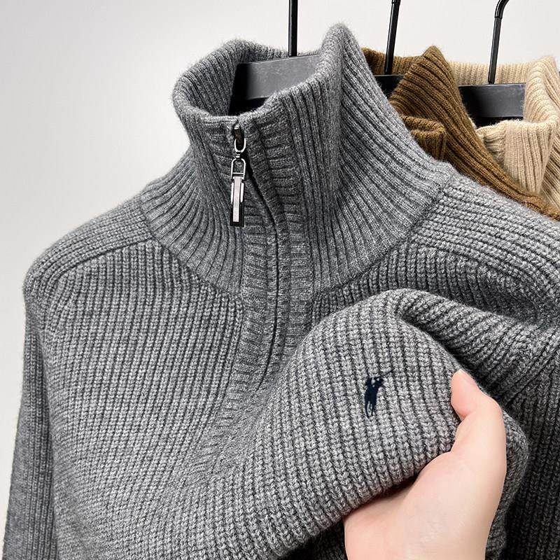 保罗男士半拉链立领羊毛衫冬季新款加厚保暖条纹针织毛衣打底衫男