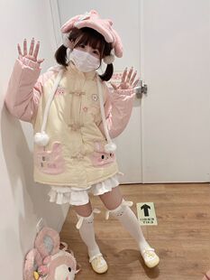 原创日系甜妹可爱兔子奶黄秋冬面包服女白鸭绒棉服软妹外套女