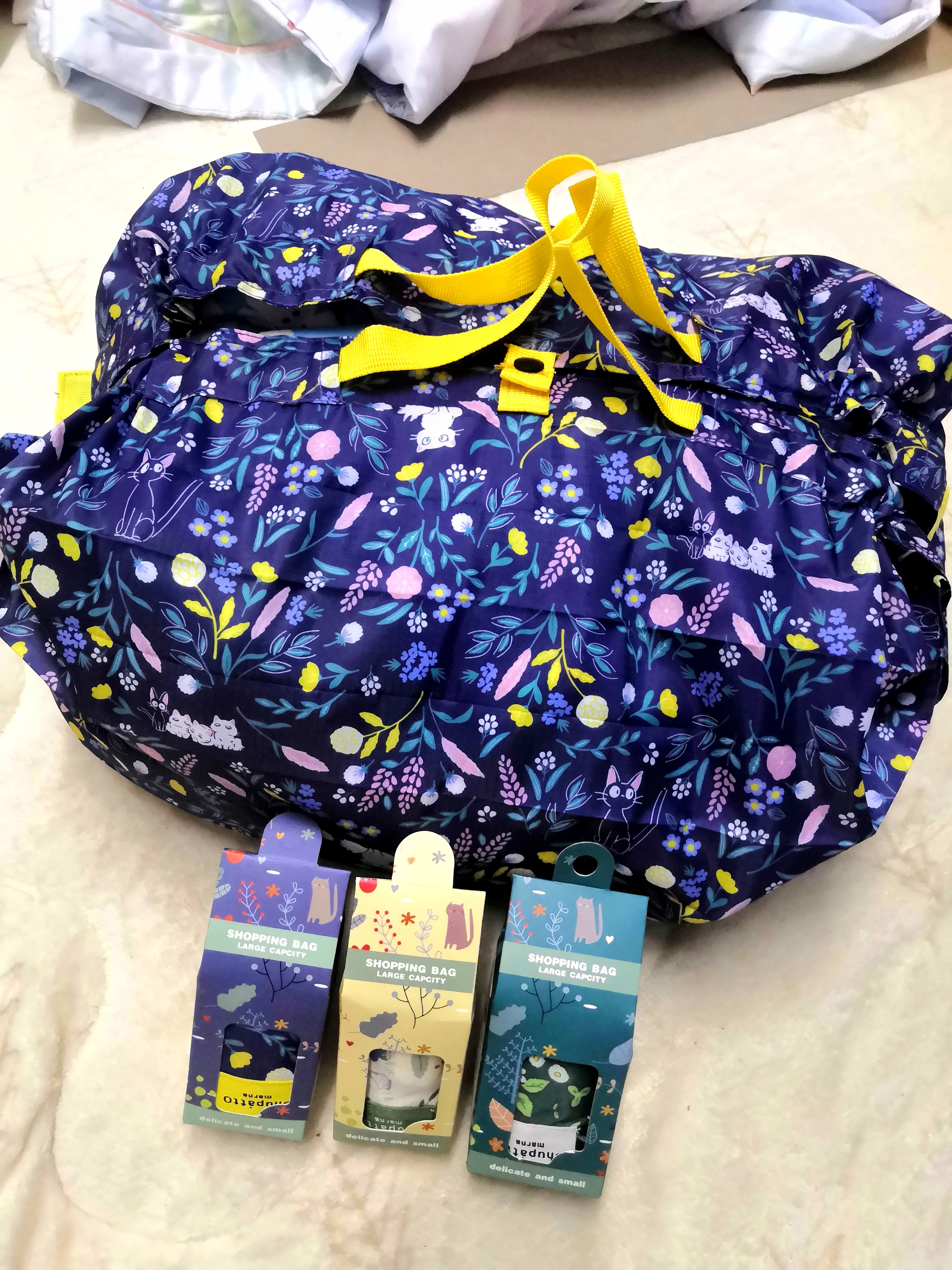 日单原单动漫猫购物袋可3秒折叠卡通公仔大容量收纳袋超市环保袋