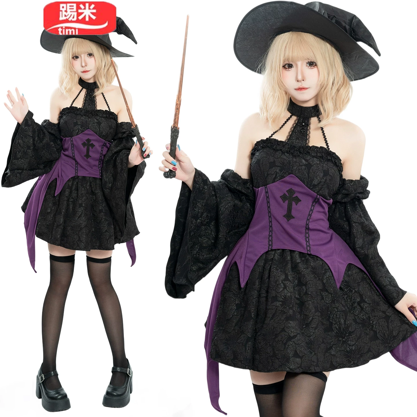 小魔女挂脖连衣裙紫色巫女连衣裙