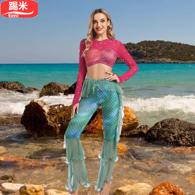 新款美人鱼演出服成人女肚皮舞蹈服分体套装海的女儿沙滩服表演服