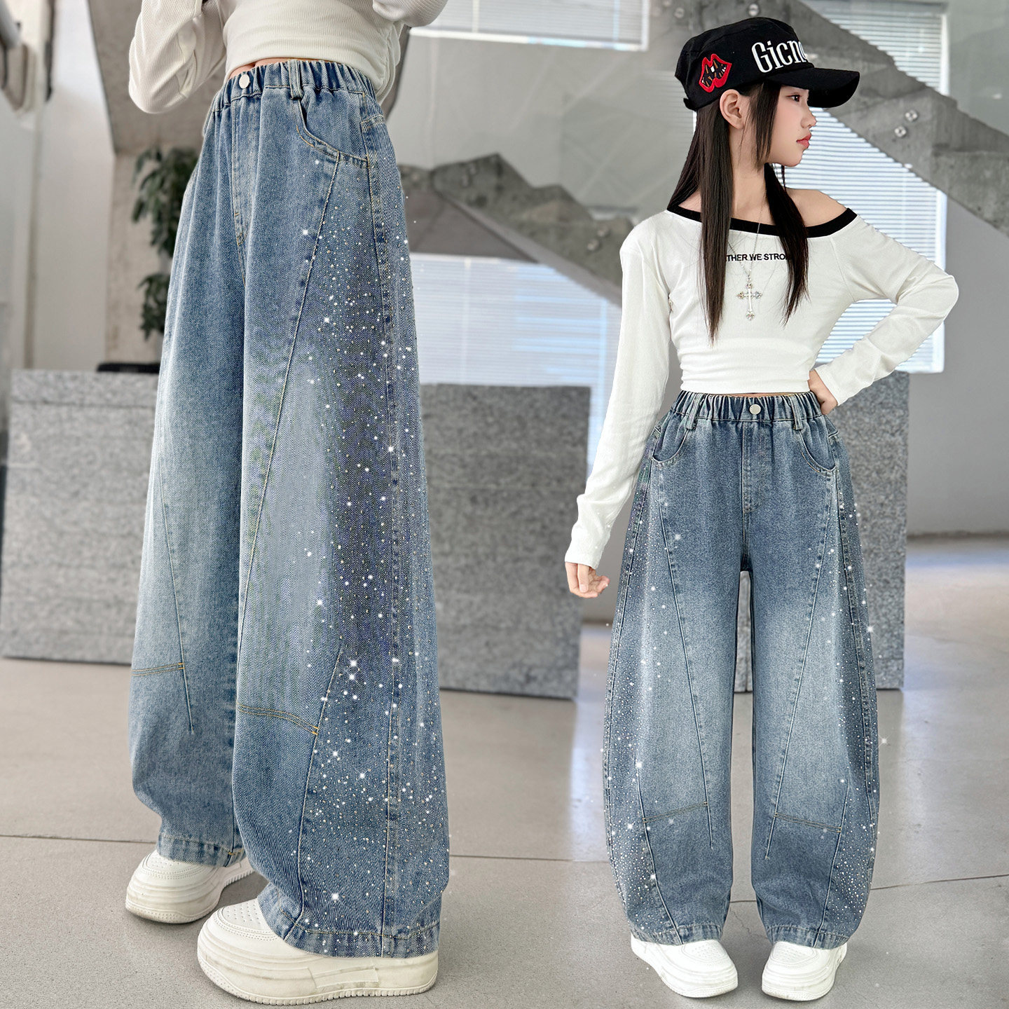 女童牛仔裤夏季薄款2026新款洋气儿童烫钻宽松弯刀裤大童阔腿裤子