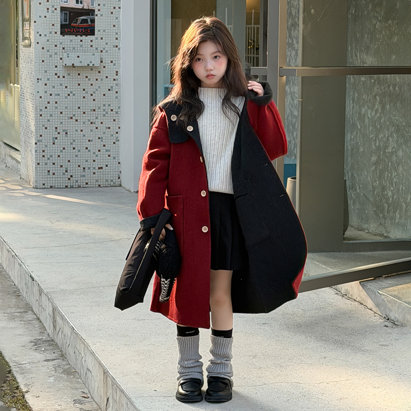 女童毛呢大衣冬季新款儿童双面穿风衣外套中大童女孩新年红色年服