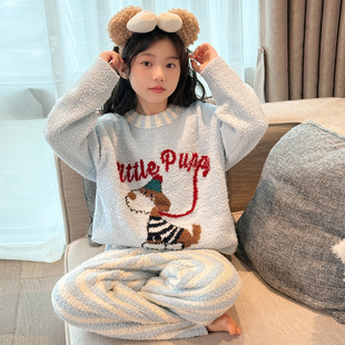 女童睡衣秋冬款2025新款加厚保暖珊瑚绒家居服套装中大童休闲上衣