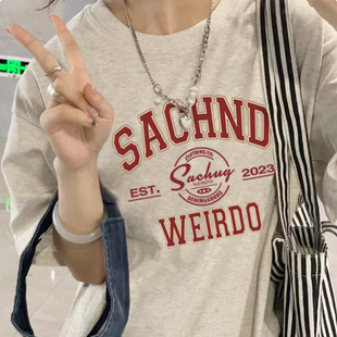 休闲百搭上衣女 潮牌字母设计感夏季 白灰色圆领纯棉短袖 T恤女美式