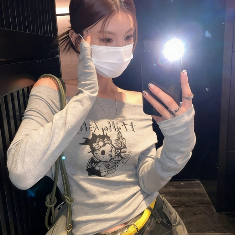 一字斜肩长袖T恤女美式潮牌卡通kt猫设计感百搭宽松露肩辣妹上衣