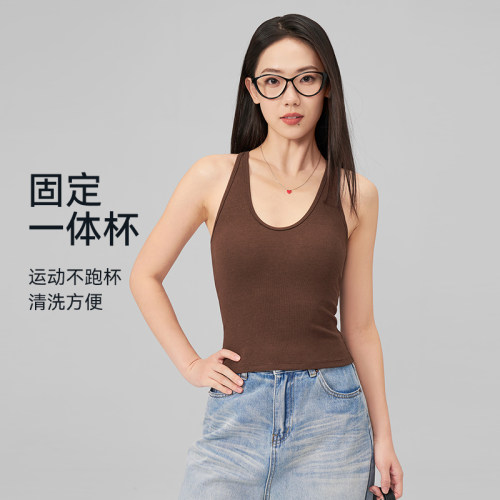 DK一体杯挂脖工字吊带短款背心休闲U领修身显瘦瑜伽上衣