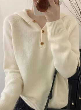 26秋冬连帽软糯毛衣女加厚宽松慵懒风温柔粉色针织上衣法式设计感