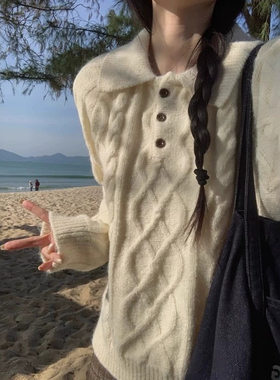 韩版麻花纹翻领纯羊毛针织衫女秋冬深蓝色纽扣套头长袖打底毛衣