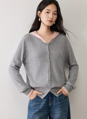 秋冬新款山羊绒连帽假两件针织开衫外套女韩版设计撞色毛衣女
