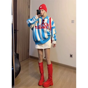 两件套装 韩系穿搭一整套蓝色条纹翻领毛衣针织短裤 深冬装 巨好看