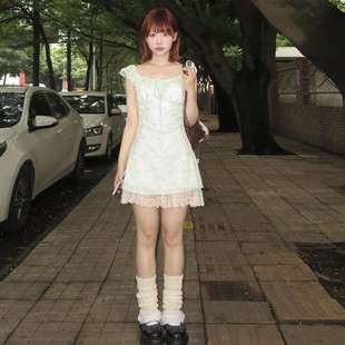 甜美薄荷绿小飞袖 小个子收腰蓬蓬短裙 碎花连衣裙子女夏季 2025新款