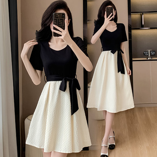 假两件拼接短袖 小香风气质高腰中长茶歇裙子 连衣裙女夏季 2025新款
