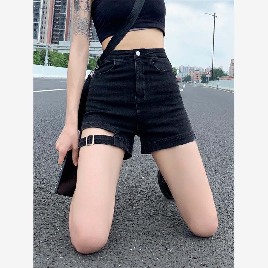 黑色高腰机车牛仔短裤女夏季薄款辣妹弹力a字紧身美式外穿热裤子